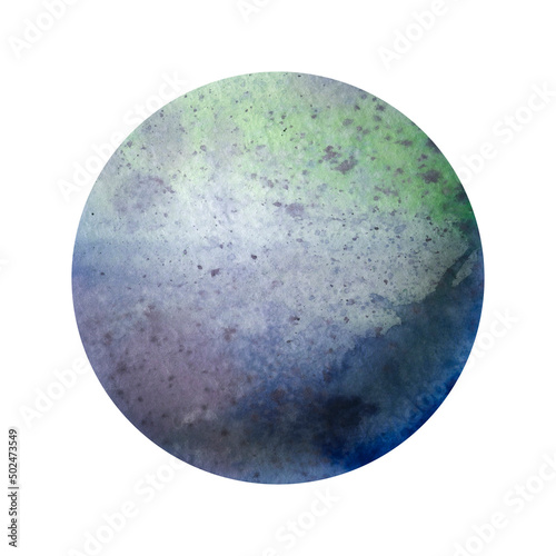 Watercolor planet. Colorful planet drawing on paper. space object. Abstract planet multicolored, isolate on a white background. Background in a circle.