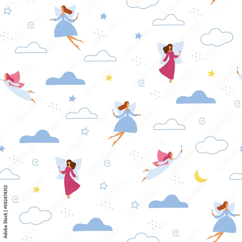 Naklejka premium Seamless pattern. Fairy set, cute characters, flat style. Woman with wings and magic wand