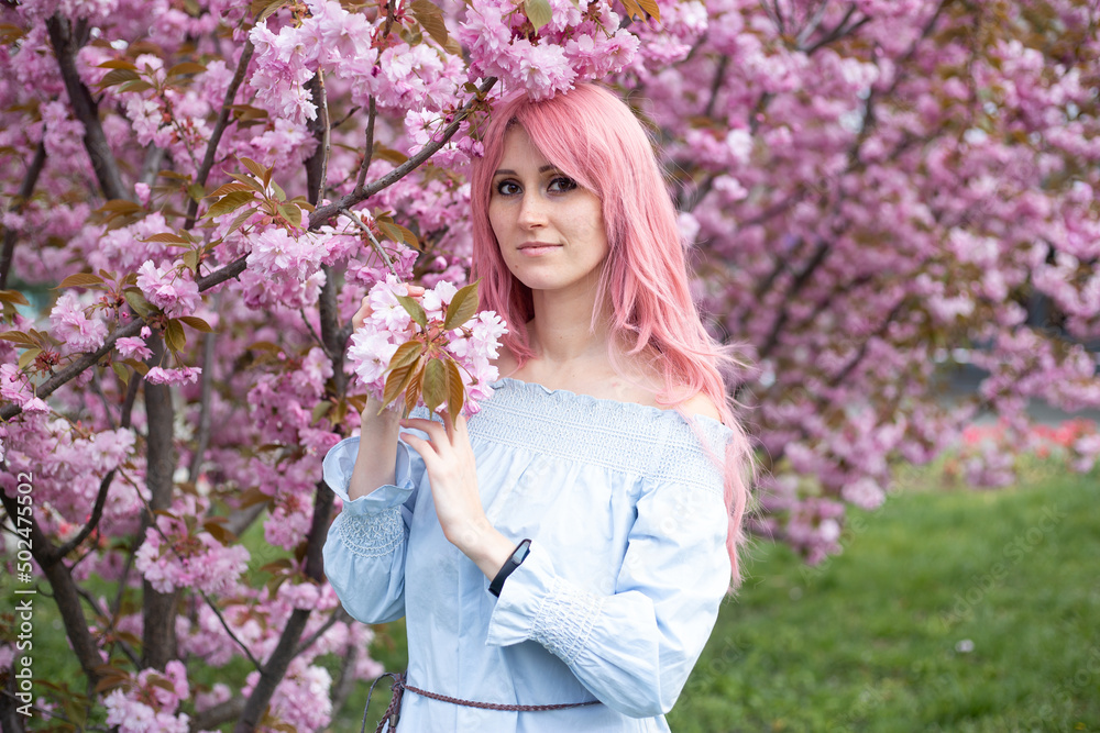 Young beautiful woman near sakura blooming tree in blue dress. Pink flowers, spring and youth concept. Stylish girl smiling. Blooming garden with cherry-tree. Young beautiful woman near sakura blooming tree in blue dress. Pink flowers, spring and youth concept. Stylish girl smiling. Blooming garden with cherry-tree.
