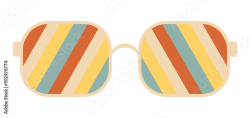 Psychedelic sunglasses in the style of the 1970. Retro groovy graphic elements of glasses with rainbow, lines and waves.