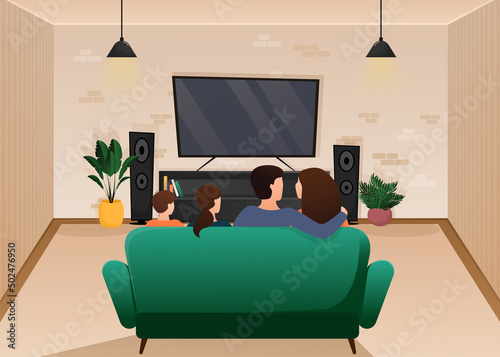 Illustration with living room design with sitting family. Cartoon people vector illustration