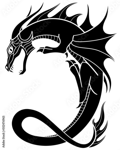 Winged Dragon spewing flame - vector silhouette picture for logo or pictogram. Fantasy dragon curved in the shape of the letter "C" - a sign or symbol.