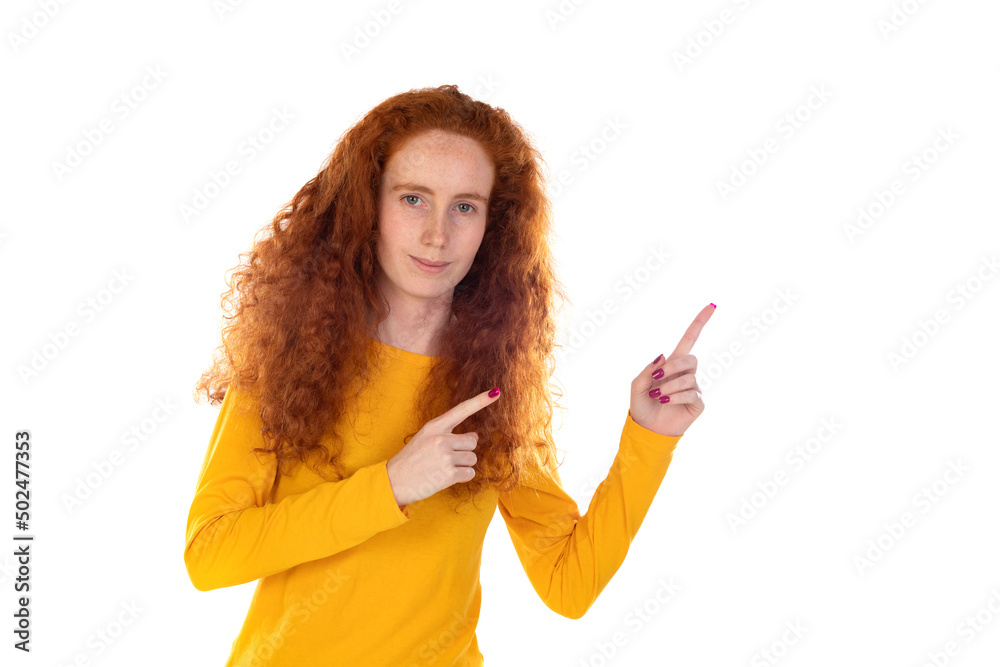 Photo of young cheerful good mood smiling young girl point finger copyspace advertisement