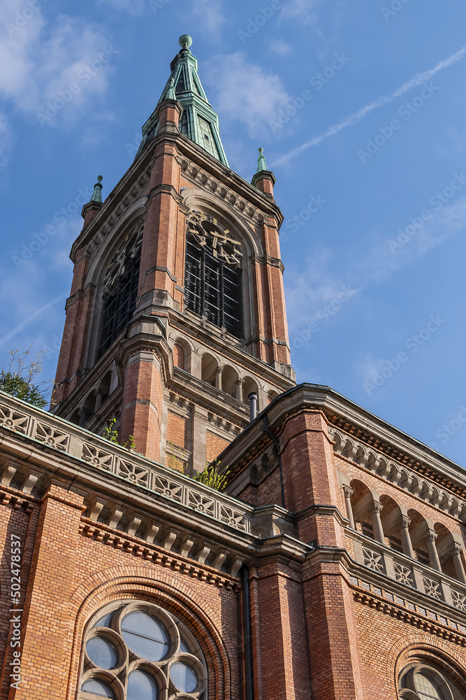 Protestant St John's Church (Johanneskirche, 88 m high tower) in the square of Martin-Luther place. Church built from 1875 to 1881 in Romanesque Revival style. DUSSELDORF, GERMANY. Protestant St John's Church (Johanneskirche, 88 m high tower) in the square of Martin-Luther place. Church built from 1875 to 1881 in Romanesque Revival style. DUSSELDORF, GERMANY.
