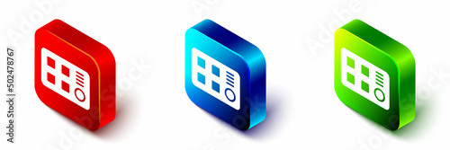 Isometric Drum machine icon isolated on white background. Musical equipment. Red, blue and green square button. Vector