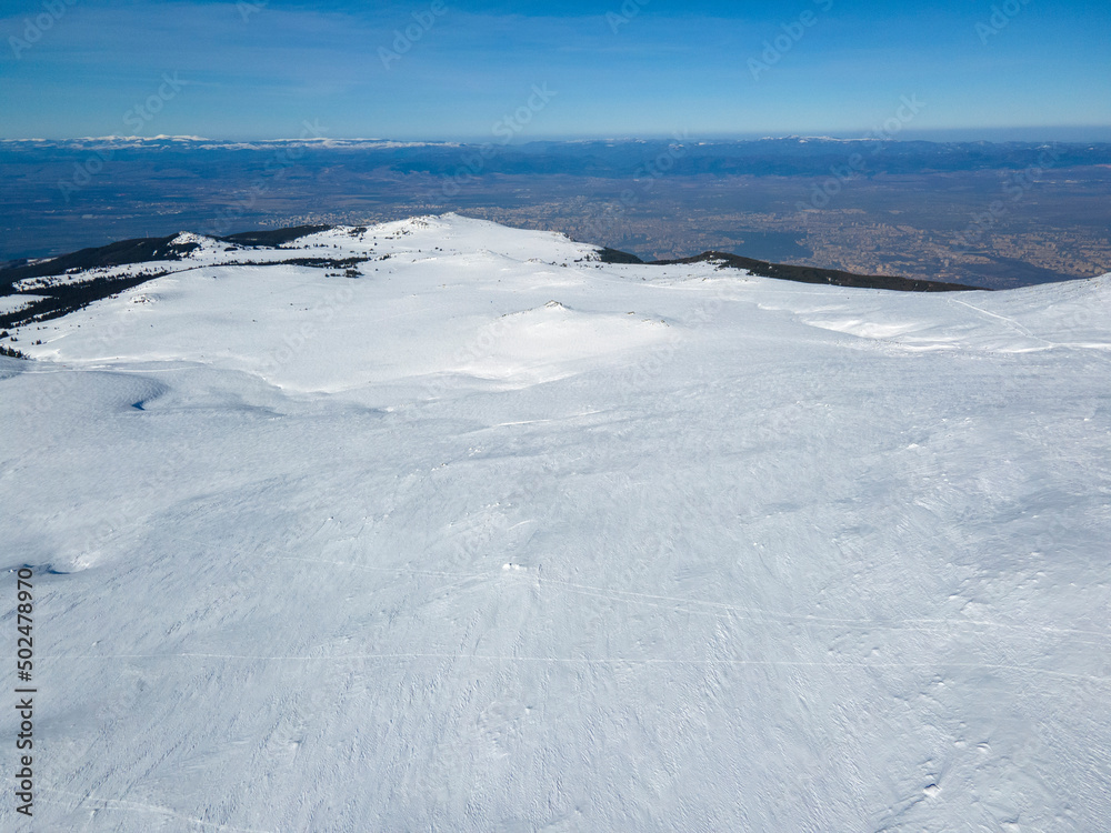 Aerial Winter view of Vitosha Mountain near Cherni Vrah peak, Bulgaria