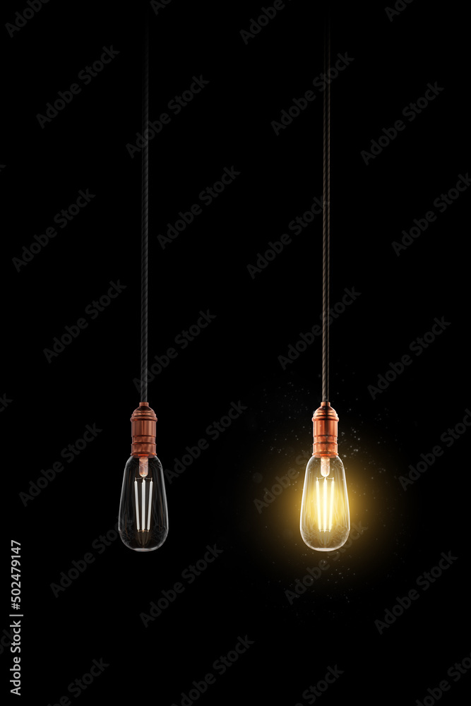 Realistic light bulb. Retro light. Turned off and glowing yellow incandescent lamp. Light background. Isolated in black Realistic light bulb. Retro light. Turned off and glowing yellow incandescent lamp. Light background. Isolated in black