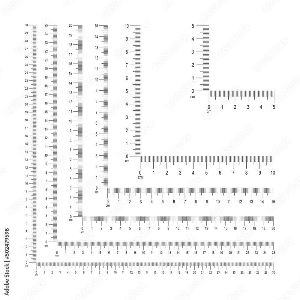 Set of corner ruler templates with centimeters and millimeters markup and numbers. Measuring tool with 5, 10, 15, 20, 25, 30 cm vertical and horizontal lines. Vector graphic illustration Set of corner ruler templates with centimeters and millimeters markup and numbers. Measuring tool with 5, 10, 15, 20, 25, 30 cm vertical and horizontal lines. Vector graphic illustration
