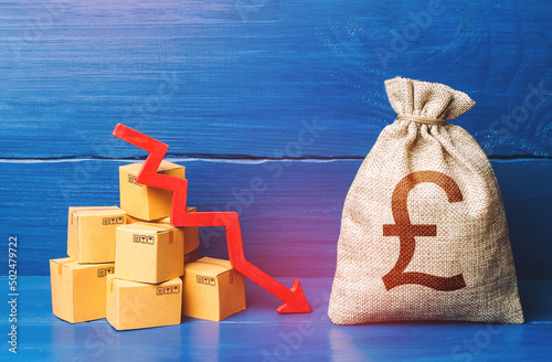 British pound sterling money bag with boxes and down arrow. Bad consumer sentiment and demand for goods. Low sales. Reduced transportation prices. Income decrease, slowdown and decline of economy. photo
