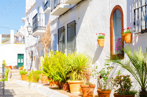 Picturesque narrow street in a tourist destination in the region of Andalusia, famous whitewashed facades of residential buildings decorated with colorful flowers in pots