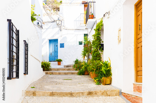 Picturesque narrow street in a tourist destination in the region of Andalusia, famous whitewashed facades of residential buildings decorated with colorful flowers in pots