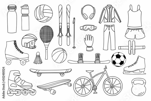 Sport equipments doodle icons collection. Hand drawn sport equipments icons collection. Set of sport equipments illustration