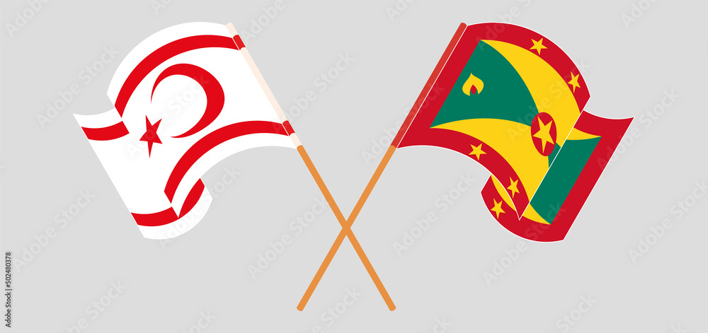 Crossed and waving flags of Northern Cyprus and Grenada Crossed and waving flags of Northern Cyprus and Grenada