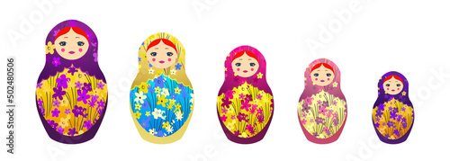 Russian Matryoshka. Traditional Russian folklore dolls with big eyes and lips. Babushka doll with hohloma, traditional painted floral pattern. Set with hand drawn vector illustration