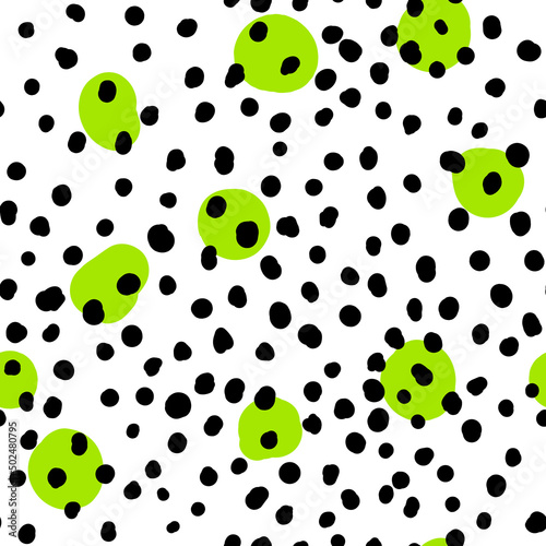 Abstract hand drown polka dots background. White dotted seamless pattern with black circles. Template design for invitation, poster, card, flyer, textile, fabric