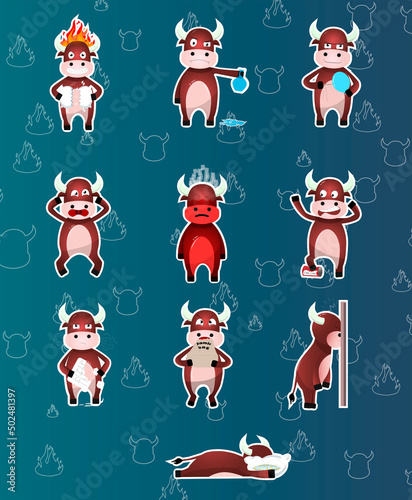 sticker set  of angry bull illustrations with different emotional  expressions