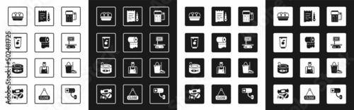 Set POS terminal with credit card, Toilet paper roll, Yogurt container, Chicken egg box, Electronic scales, Shopping list and pencil, Mop bucket and Canned fish icon. Vector