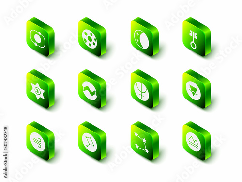 Set Full moon, Eclipse of the sun, Old magic key, Earth element, Neptune planet, Star constellation zodiac and Great Bear icon. Vector