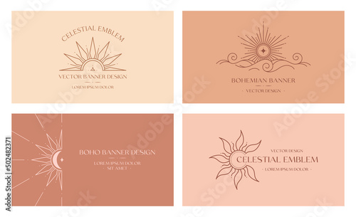 Vector bohemian logo designs with sun,cloud or sea waves and light rays.Boho linear icons or symbols in minimalist style.Modern celestial emblems.Branding design,website banner,social media templates.