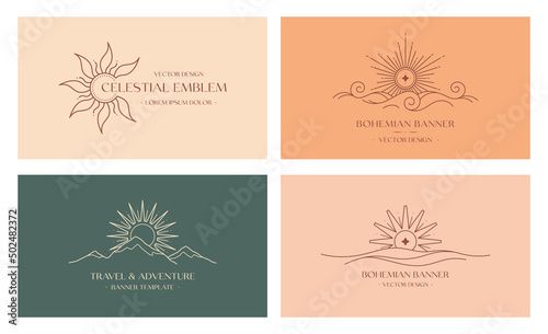 Vector travel and celestial logo design with mountain landscape,sea waves,sun.Boho linear icons or symbols in minimalist style.Modern hike,camp or glamping resort label.Branding design,website banner