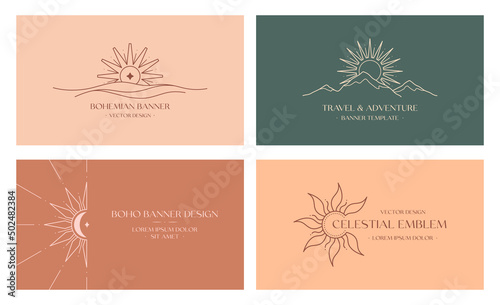 Vector travel and celestial logo design with mountain landscape,sea waves,sun.Boho linear icons or symbols in minimalist style.Modern hike,camp or glamping resort label.Branding design,website banner