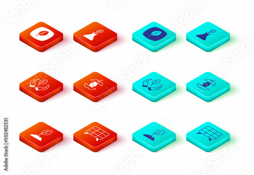 Set Sprout, Solar energy panel, Leaf in hand, Apple core, Plant breeding and Eco symbol icon. Vector