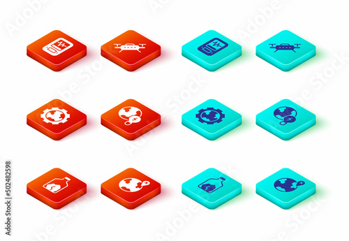 Set Ore mining, Location on the globe, Gear wheels and earth, Global planet with bulb, Drone and Seismograph icon. Vector