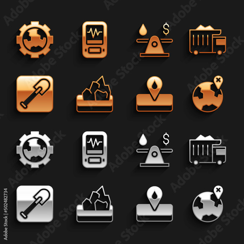 Set Ore mining, Mining dump truck, Location on the globe, Oilfield, Shovel, money, Gear wheels and earth and Seismograph icon. Vector