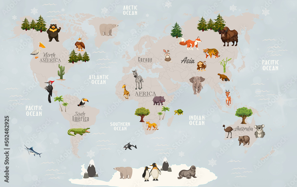 Animals world map for kids wallpaper design Stock Illustration | Adobe ...