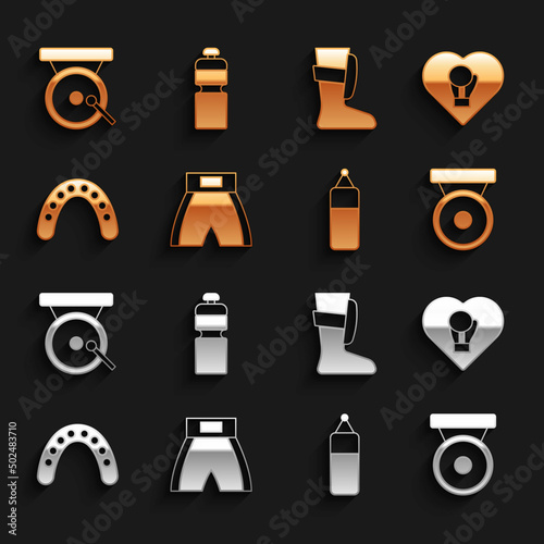 Set Boxing short, glove, gong, Punching bag, Mouth guard boxer, Sport boxing shoes, and Fitness shaker icon. Vector