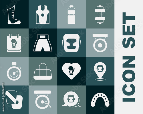 Set Mouth guard boxer, Boxing helmet, gong, Fitness shaker, short, glove, Sport boxing shoes and icon. Vector
