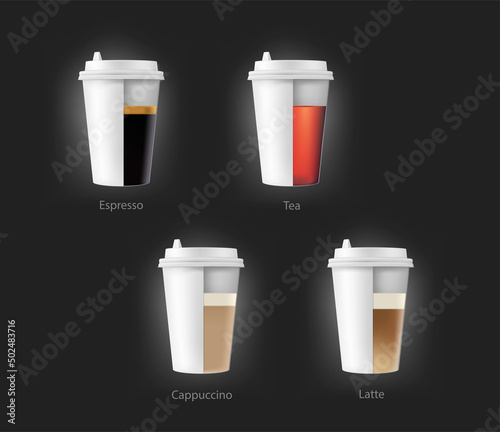 A set of different drinks in paper cups. Coffee to go, take out mug. Vector illustration can be use for any backgrounds. EPS10.