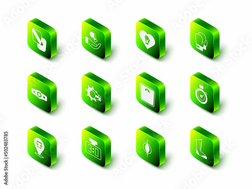 Set Boxing glove, Stopwatch, Sport boxing shoes, Bathroom scales, Punching bag and mechanical scoreboard icon. Vector