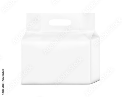 Stand bag with handle hole mockup. Vector illustration isolated on white background. Ready for your design. Suite for the presentation of diaper, wet wipes, foods, household, etc. EPS10.	