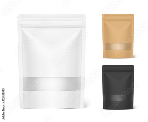 Pouch bag mockups with ziplock and transparent window mockup isolated on white background. Vector illustration. Front view. Can be use for template your design, presentation, promo, ad. EPS10.	