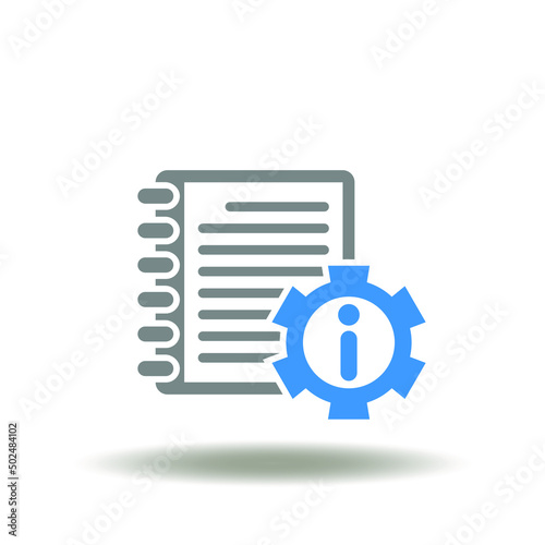 Vector illustration of catalog or book with gear and information sign. Icon of user manual. Symbol of user guide. Sign of instructions.