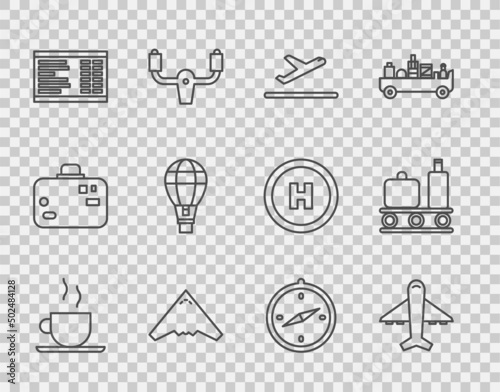 Set line Coffee cup, Plane, takeoff, Jet fighter, Airport board, Hot air balloon, Compass and conveyor belt with suitcase icon. Vector