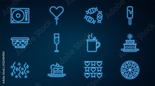 Set line Pizza, Cake with burning candles, Candy, Glass of champagne, Mixed punch bowl, Vinyl player vinyl disk, Mulled wine and Balloon form heart icon. Vector