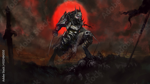 Photo A werewolf warrior in steel armor is standing on a defeated knight, behind him is a red moon, his eyes are burning light red