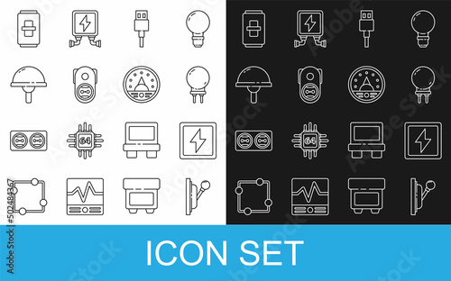 Set line Electrical panel, Lightning bolt, emitting diode, USB cable cord, outlet, light switch and Ampere meter, multimeter, voltmeter icon. Vector