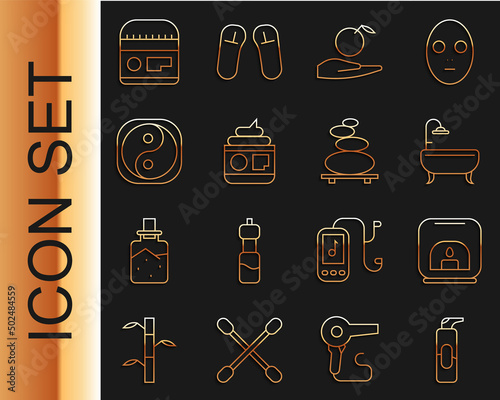 Set line Spray can for hairspray, Aroma lamp, Bathtub, Apple in hand, Cream lotion cosmetic tube, Yin Yang, and Stack hot stones icon. Vector