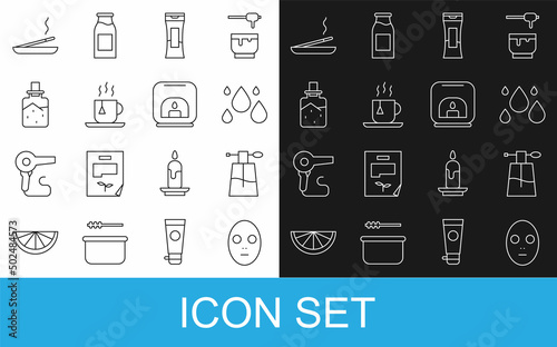 Set line Facial cosmetic mask, Perfume, Water drop, Bottle of shampoo, Cup tea with tea bag, Spa salt, Scented spa stick and Aroma lamp icon. Vector