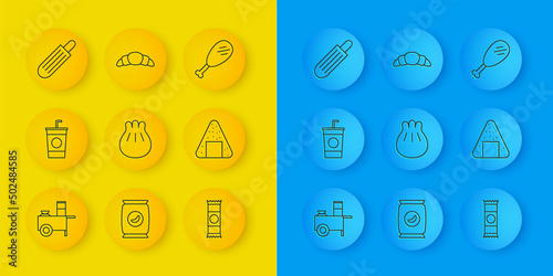 Set line Fast street food cart, Paper glass with straw, Khinkali on cutting board, Chocolate bar, Onigiri, French hot dog, Chicken leg and Croissant icon. Vector