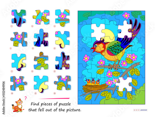 Logic game for children and adults. Find pieces of puzzle that fell out of picture. Page for kids brain teaser book. Task for attentiveness. Developing spatial thinking. Play online. Vector image.