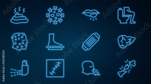 Set line Human broken bone, Hepatitis virus, Herpes lip, Flat foot, Psoriasis or eczema rash, Shit, Medical protective mask and Virus icon. Vector