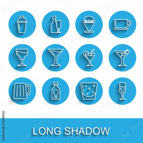 Set line Wooden beer mug, Alcohol drink Rum, Cocktail shaker, Glass of rum, champagne, Martini glass, and icon. Vector