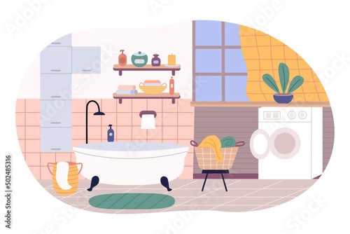 Flat cartoon vector illustration with interior bathroom and shower.