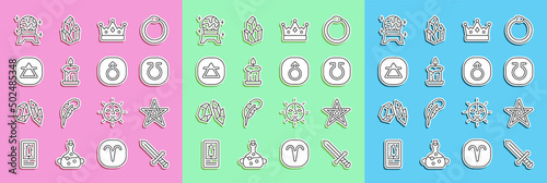 Set line Medieval sword, Pentagram, Life, King crown, Burning candle, Air element, Magic ball and Mars icon. Vector