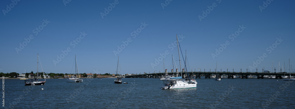 Leisure sailboats in the bay between Old St Augustine and Anastasia Island in Florida with the Bridge of Lions bridge in the background