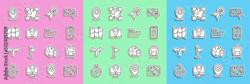 Set line City map navigation, Train, Infographic of city, Laptop with location marker, Folded, Location house and Ship line path icon. Vector